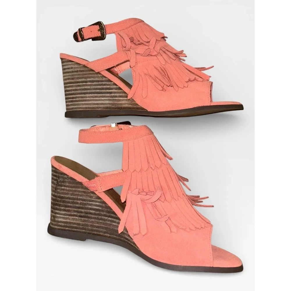 Very Volatile 7.5 Notion‎ Fringe Coral Suede Leather Wedge Sandals Boho Western